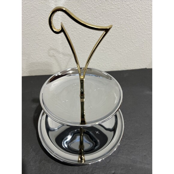 VTG Atomic Starburst Chrome Gold Tone TWO TIER Serving Dish Tray MCM Japan - Picture 1 of 16